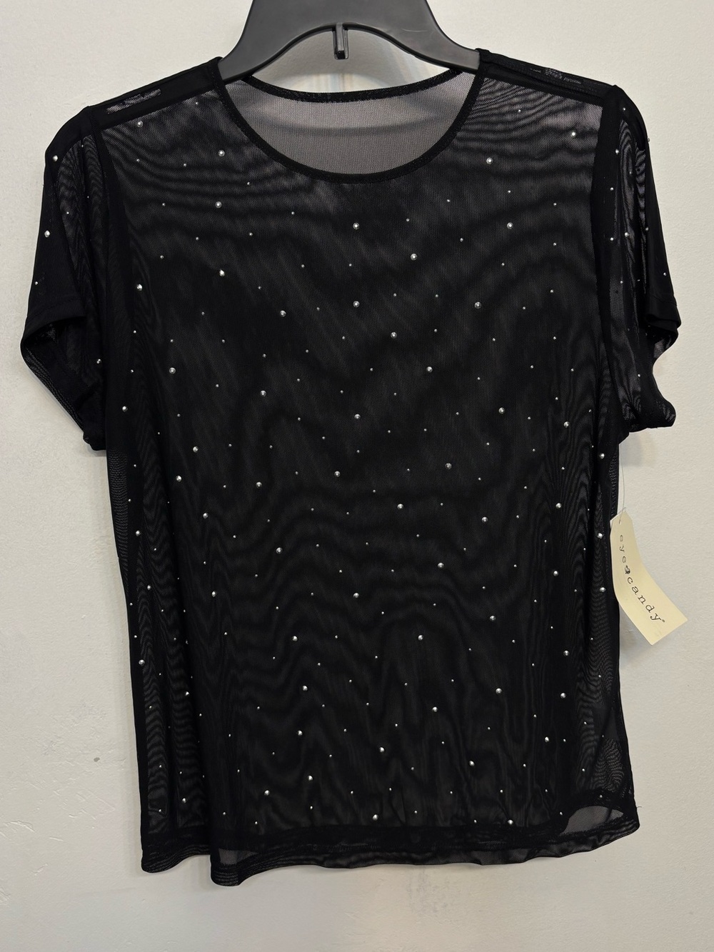 eye candy Black Sheer Mesh Short Sleeve Tee with Rhinestones Womens Small NWT